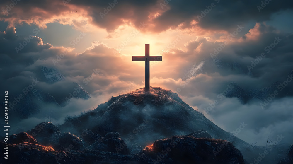 Obraz premium Holy cross symbolizing the death and resurrection of Jesus Christ with the sky over Golgotha Hill is shrouded in light and clouds. Apocalypse concept.