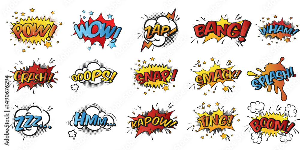 Fototapeta premium Comic collection colored sound effects words pop art vector style. Set comic bubble speech word comic cartoon expression illustration. Lettering phrase.