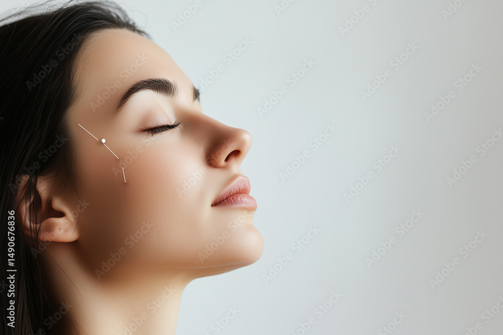 Fototapeta premium Side view of acupuncture therapy on a woman's face