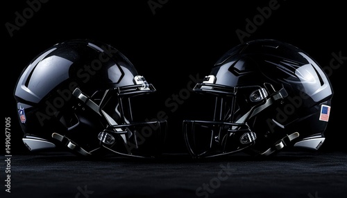 Two black football helmets face off
