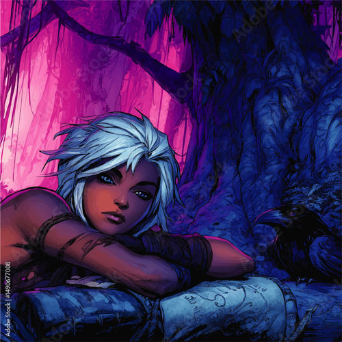 Enchanting Fantasy Illustration of Warrior Woman with White Hair and Raven in Mystical Magical Forest with Ancient Trees Purple and Blue Aesthetic Digital Art Vector