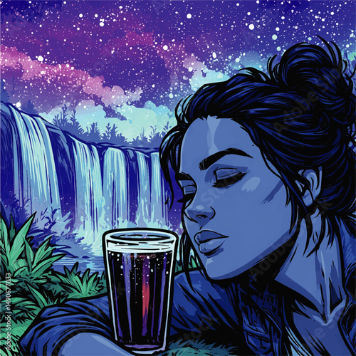 Beautiful Vector Illustration of a Serene Young Woman Enjoying a Drink Under Majestic Night Sky with Galaxy Stars and Stunning Waterfall in Mystical Fantasy Landscape