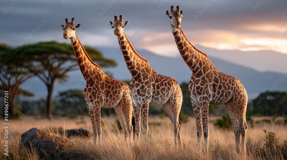 Fototapeta premium Three giraffes in african savannah sunset