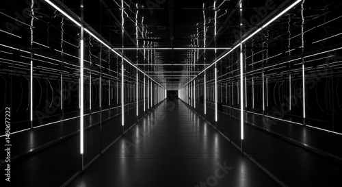 Dark, reflective tunnel with bright lights
