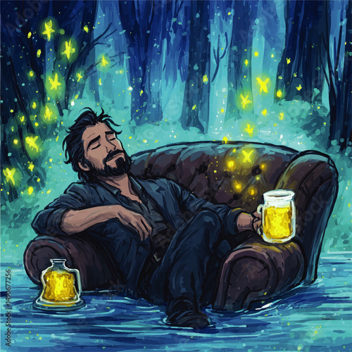 Mystical Relaxation Fantasy Artwork of Man Reclining on Sofa with Glowing Magical Drink Surrounded by Fireflies in Enchanted Blue Forest Illuminated by Vibrant Lights