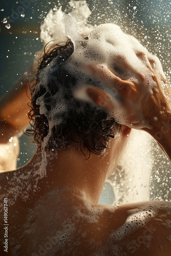 Man washing hair with abundant suds, hyper-realistic close-up in vivid style

