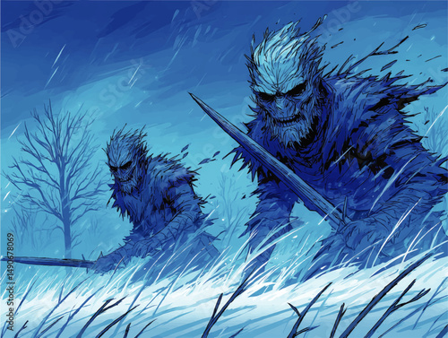 Epic vector illustration of menacing ice warrior creatures holding swords in a dark frozen fantasy landscape with eerie winter atmosphere for game and book design