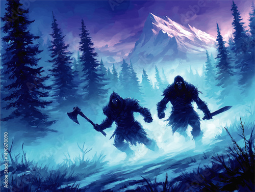 Epic Vector Illustration of Two Fierce Fantasy Warriors in Dark Hood Armor with Axe and Sword Charging Through a Misty Snowy Mountain Forest Under Dramatic Purple Sky