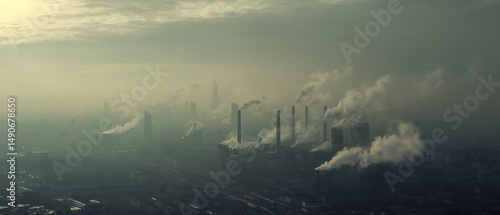 Overhead shot of A smog-covered city skyline with industrial smokestacks in the background.
