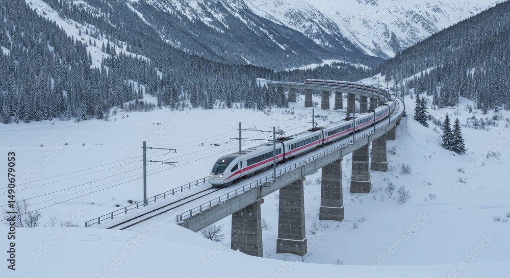 Fototapeta premium Winter Wonderland High Speed Rail Journey - A high-speed train traverses a snowy mountain bridge, symbolizing speed, adventure, winter travel, technological advancement, and scenic beauty