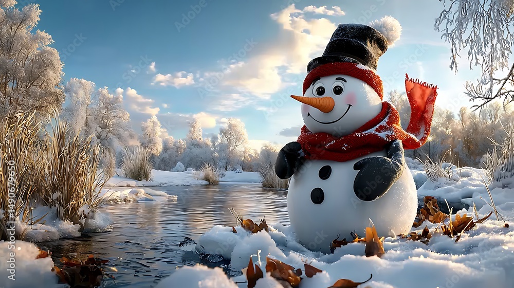 Obraz premium there is a snowman that is standing in the snow by the water