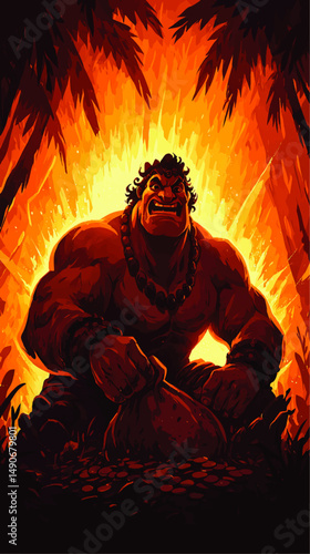 Powerful Fantasy Giant Warrior Holding Treasure Bag with Intense Glowing Fire Background Surrounded by Jungle Palm Trees and Golden Treasure Coins Illustration