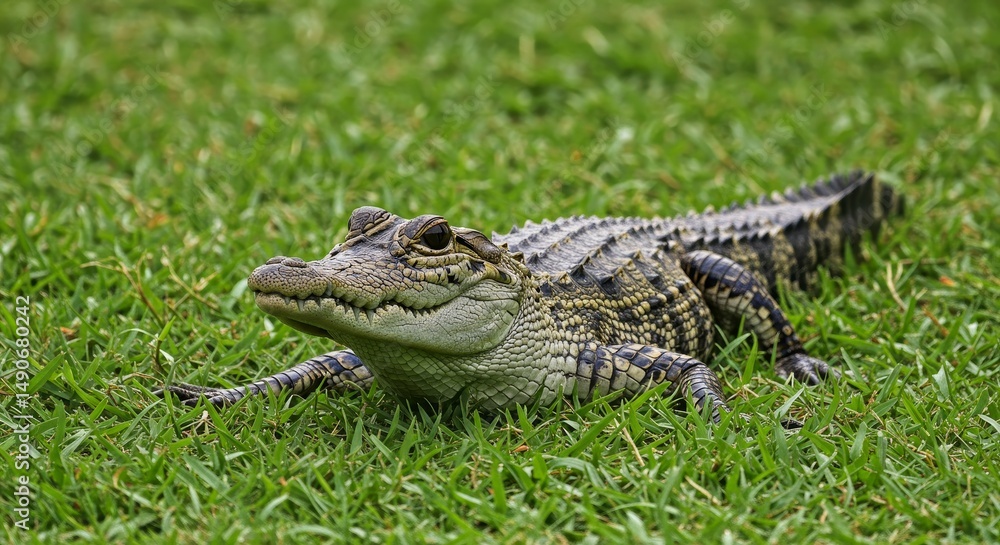 Fototapeta premium Young Alligator Resting in Sunlight - A juvenile alligator basks in the sun amidst vibrant green grass, symbolizing nature, wildlife, tranquility, resilience, and the beauty of the wild