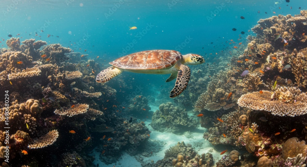 Fototapeta premium Sea turtle swimming amidst vibrant coral reef