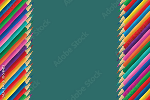 Set of  multicolored pensils isolated on blue green background In row Copy space for text Vector illustrasion Back to school elements Tools for learning and child development Education, school concept