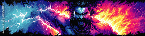 Powerful Vector Illustration of Angry Godlike Warrior with Glowing Symbol Surrounded by Lightning Fire Blue Red Flames Energy Fantasy Hero Epic Digital Art Concept