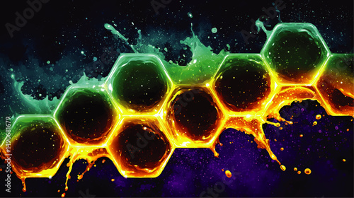 Vibrant Abstract Honeycomb Pattern Vector Background Illustration Featuring Glowing Hexagonal Shapes with Artistic Splash and Neon Color Liquid Effects for Creative Use