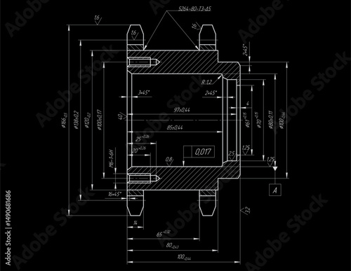 Assembly drawing of asterisk (star)
 of electrical reducer.
Vector design of steel mechanical device with 
dimension lines.
Engineering technic computer cad scheme on 
paper sheet. Hand drawn sketch.