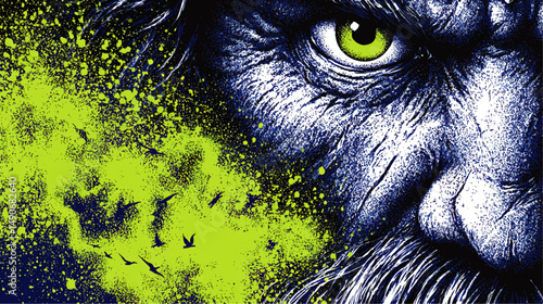 Intense Vector Art Illustration of Mythical Powerful Figure with Piercing Green Eyes Surrounded By Birds Colorful Blue and Green Digital Abstract Fantasy Artwork