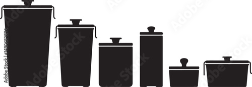Set of Six Black Containers with Lids, Various Sizes