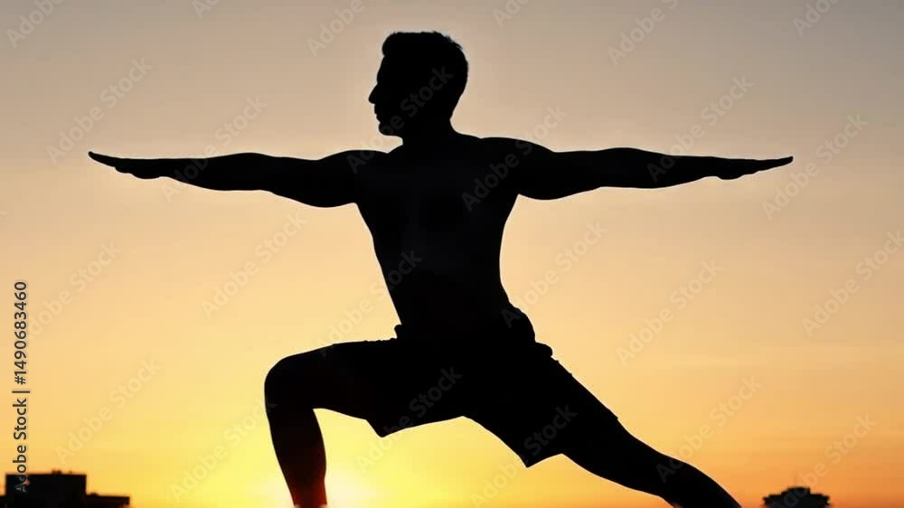 Silhouette Rooftop Yoga at Sunset with Cityscape Blur and Sky Copyspace for Powerful and Minimal Branding Silhouette Rooftop Yoga at Sunset with Cityscape Blur and Sky Copyspace for Powerful and Minimal Branding