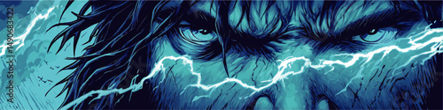 Intense Blue Vector Illustration of Fierce Warrior Face with Lightning Storm Piercing Eyes Dramatic Supernatural Power Fantasy Concept Digital Artwork Background