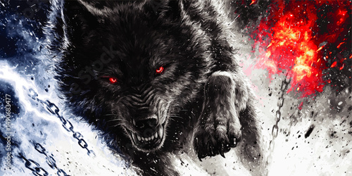 Vector Illustration of Fierce Dark Wolf with Glowing Red Eyes Breaking Chains in Dramatic Explosion of Fire and Lightning Dynamic Fantasy Art Background Concept