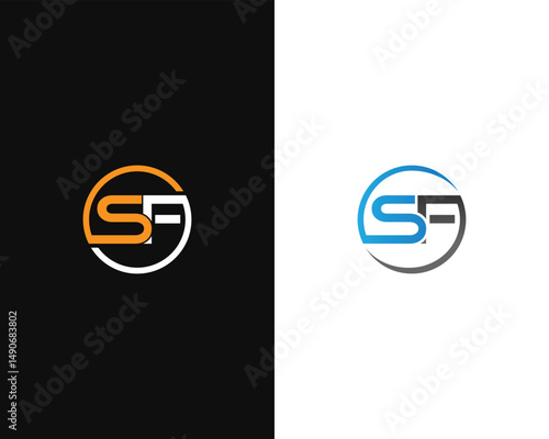 SF initial letter rounded logo vector template design black and white background orange and blue