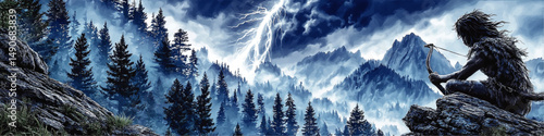 Stunning Vector Illustration of Primitive Archer with Bow on Rocky Cliff Watching Majestic Mountain Landscape Forest Trees Lightning Storm Dramatic Wilderness Scene