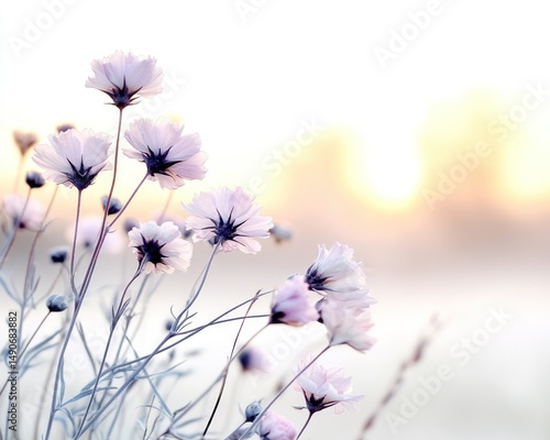 Delicate pastel cosmos flowers at sunrise