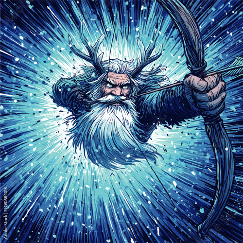 Mystical Fantasy Archer with Antlers and Long White Beard Aiming Bow and Arrow Magical Blue Energy Burst Background Mythical Powerful Warrior Vector Illustration Art