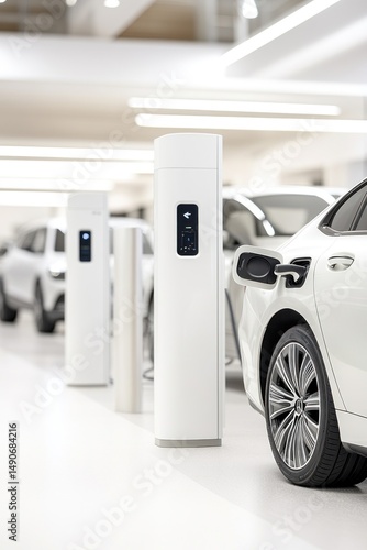 Electric vehicle charging stations in a modern showroom