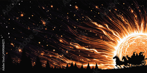 Mystical Fantasy Vector Illustration of Fiery Sun with Ornate Patterns and Silhouette of Horses and Chariot Against Captivating Starry Night and Forest Background