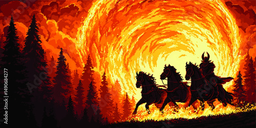 Epic Pixel Art Illustration of Dark Knight Riding Horses through Burning Forest with Dramatic Firestorm Background Fantasy Warrior Apocalypse Digital Art Design