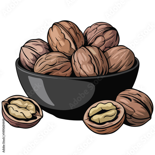 Walnuts in black bowl isolated vector illustration