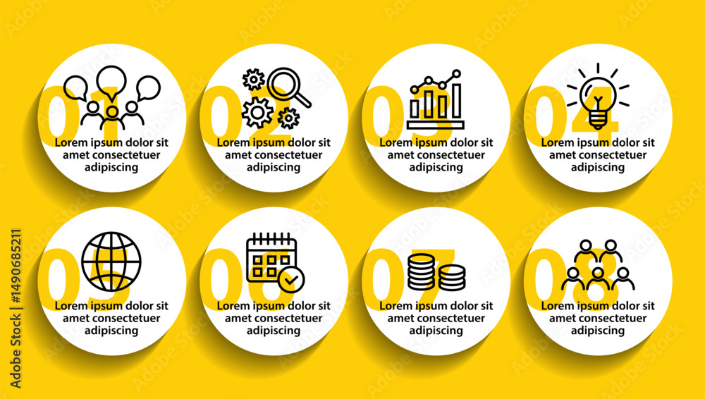 Obraz premium Infographic template with icons and 8 options or 8 steps. Can be used for workflow layout, diagram, timeline, banner, webdesign, business report, presentation. Vector illustration.