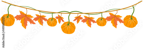 Autumnal Garland of Pumpkins and Maple Leaves