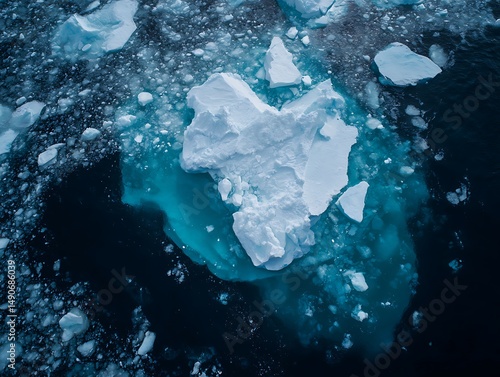 Overhead shot of Iceberg breaking into smaller pieces in a warming ocean.