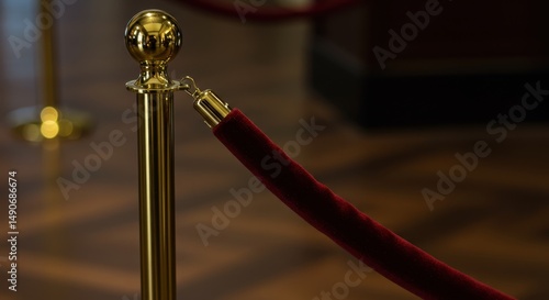 Gold Barrier with Red Rope Protecting Space Symbolizing Elegance Security and Controlled Access to High Value Locations or Exclusive Events