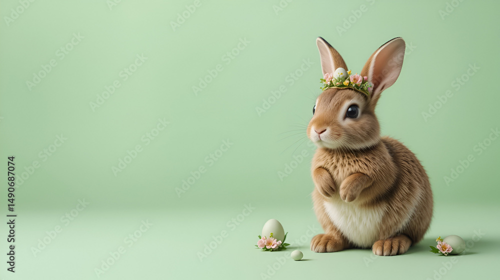 Obraz premium Charming Brown Bunny with Easter Egg Nest Crown on Pastel Green Backdrop