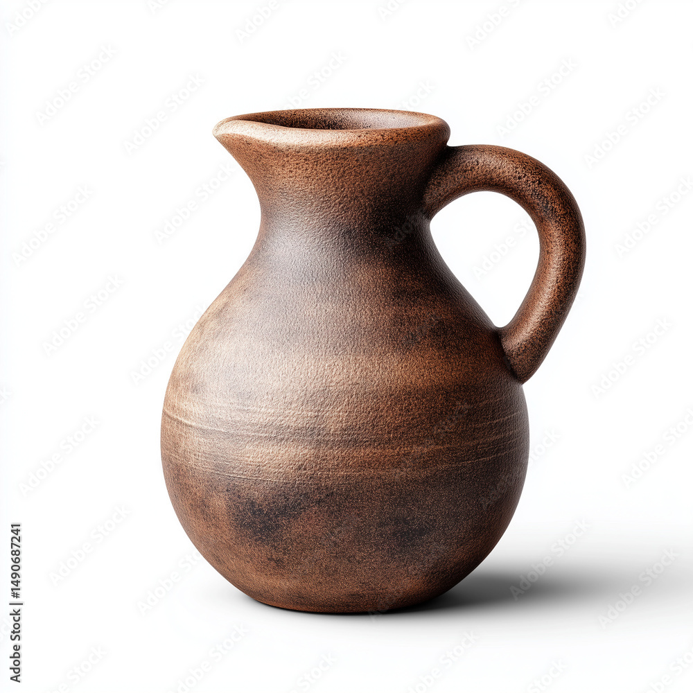 Handcrafted ceramic jug with a round shape and handle in brown Handcrafted ceramic jug with a round shape and handle in brown