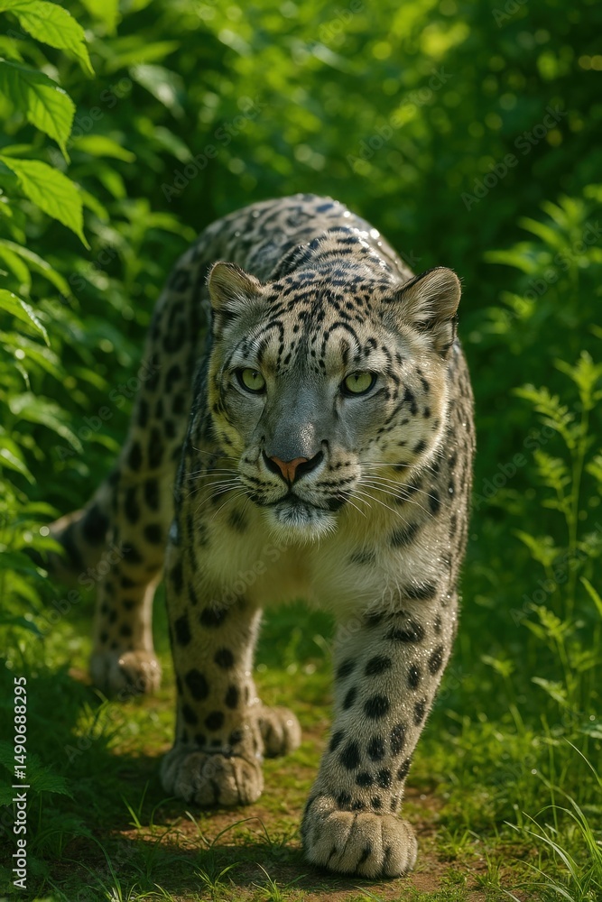 Obraz premium Snow leopard walking through a wild habitat with vibrant green foliage and sunlight filtering through dense vegetation