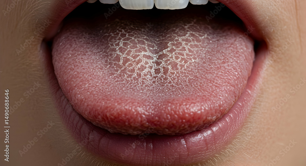 Obraz premium Fissured Tongue Dry Mouth Medical Condition Oral Health Close Up Macro Shot