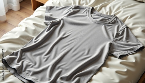 Gray cotton t-shirt lying on soft bed sheet in cozy bedroom  