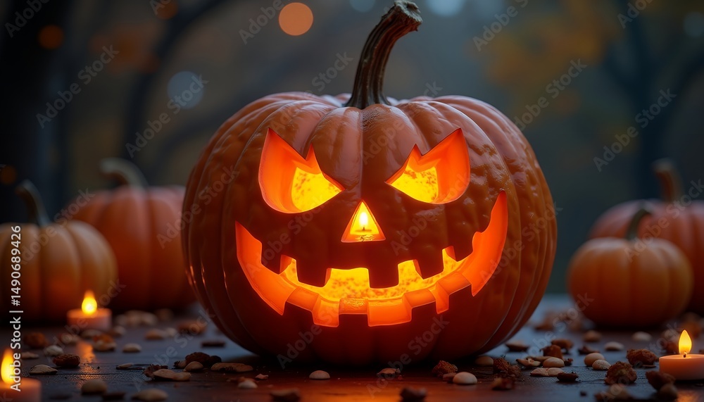 Fototapeta premium Glowing Jack-o'-lantern: Spooky Halloween Pumpkin with Candles