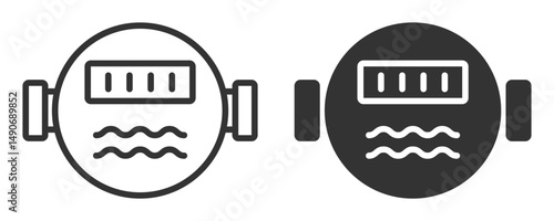 Vector illustration of water meter with wave symbol and pipes.