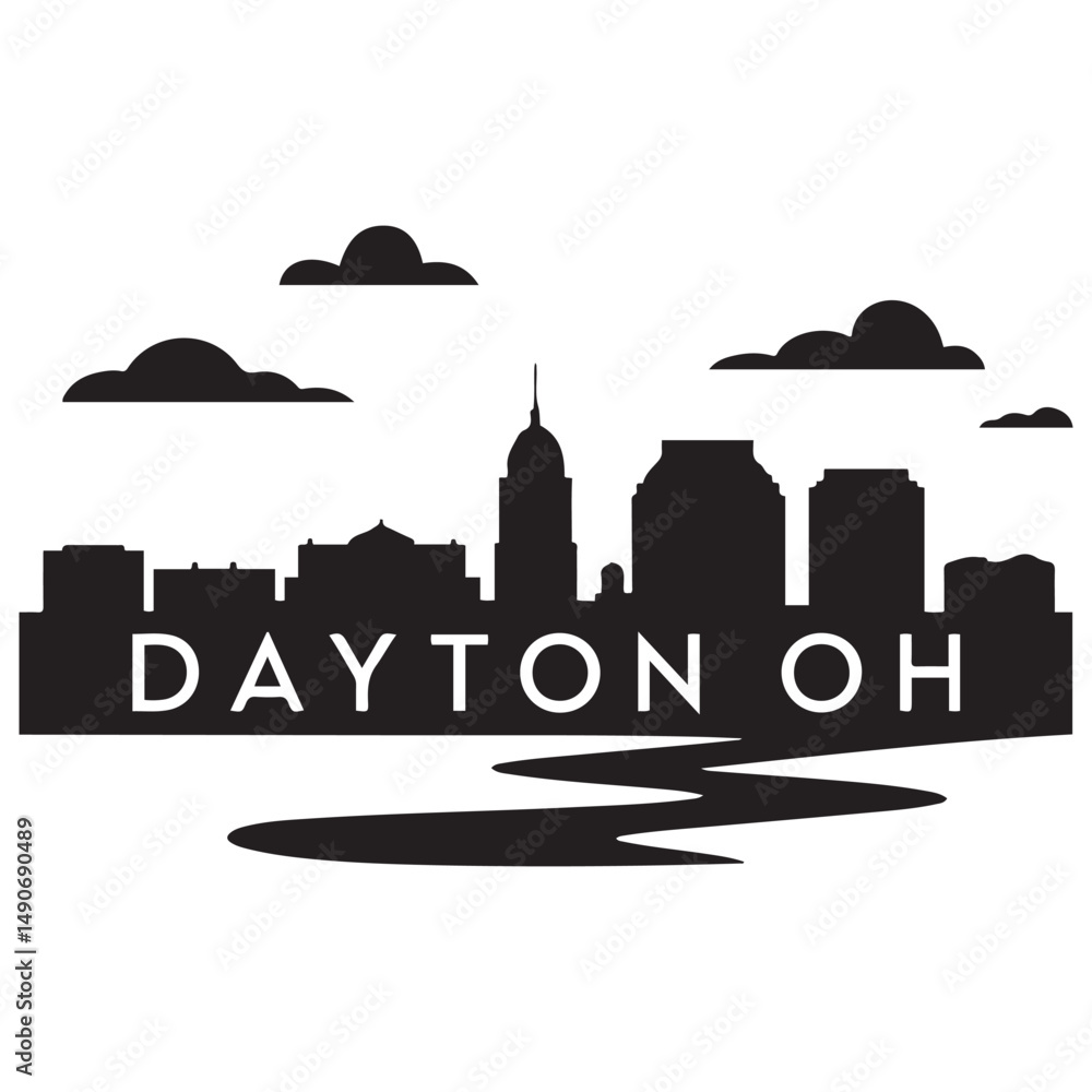 Fototapeta premium Dayton, OH skyline, monochrome Vector black silhouette. with white background