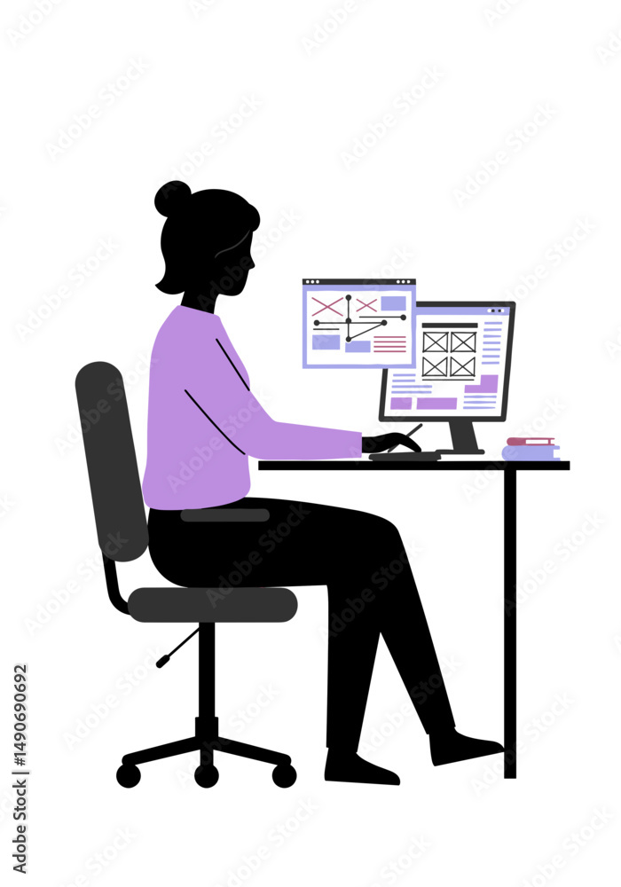 Woman working on computer at desk in minimalistic office setting Woman working on computer at desk in minimalistic office setting