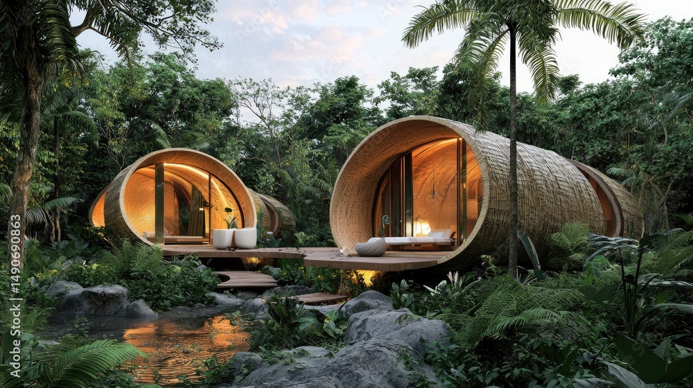 Fototapeta premium Two curvaceous wooden structures nestled within a lush tropical setting.