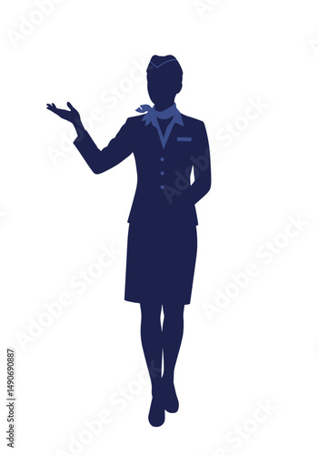 Flight attendant silhouette gesturing warmly in uniform  